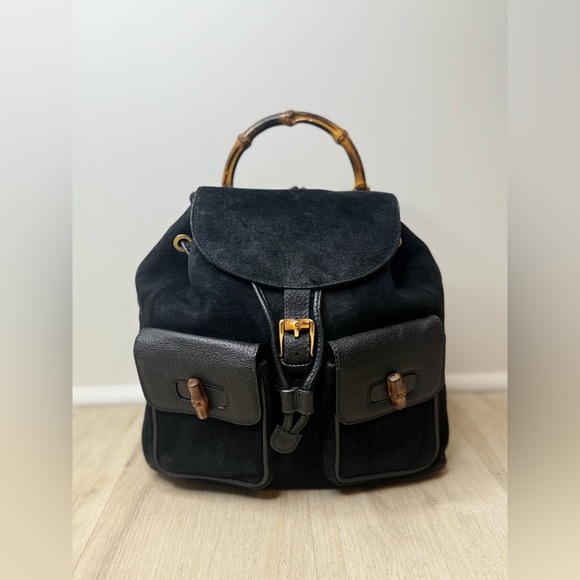 GUCCI Vintage Bamboo Suede Backpack Black - Picture 1 of 16